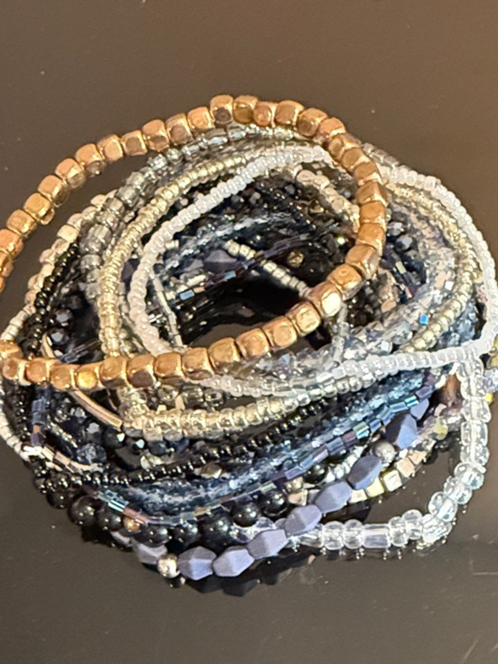 Stackable Multi-Strand Beaded Bracelet Set - Blue, Gold, Silver 19 Brac